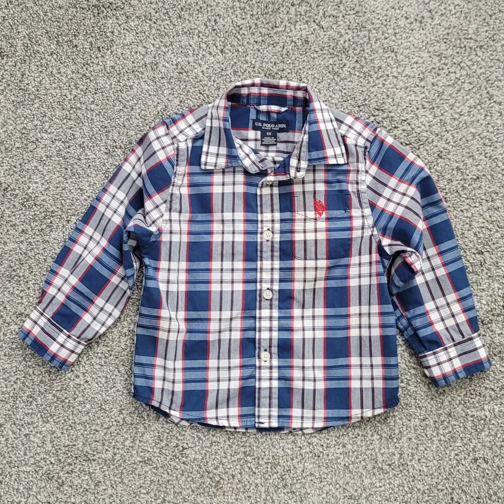 U.S. Polo Assn Toddler Boys Red White & Blue Button Down Shirt 2T